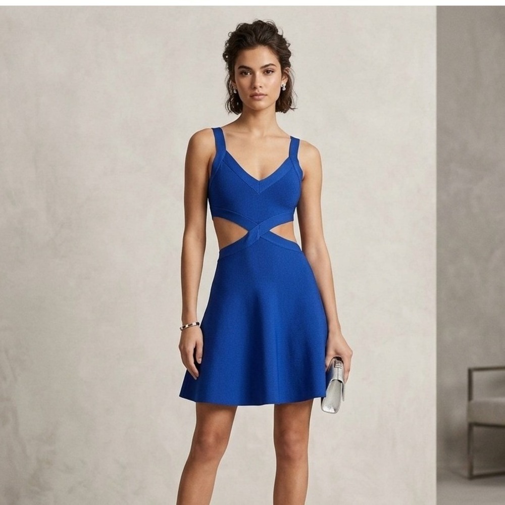 BCBGMAXAZRIA Royal Blue Bandage Cutout Mini Dress XS Crisscross A-Line Cocktail